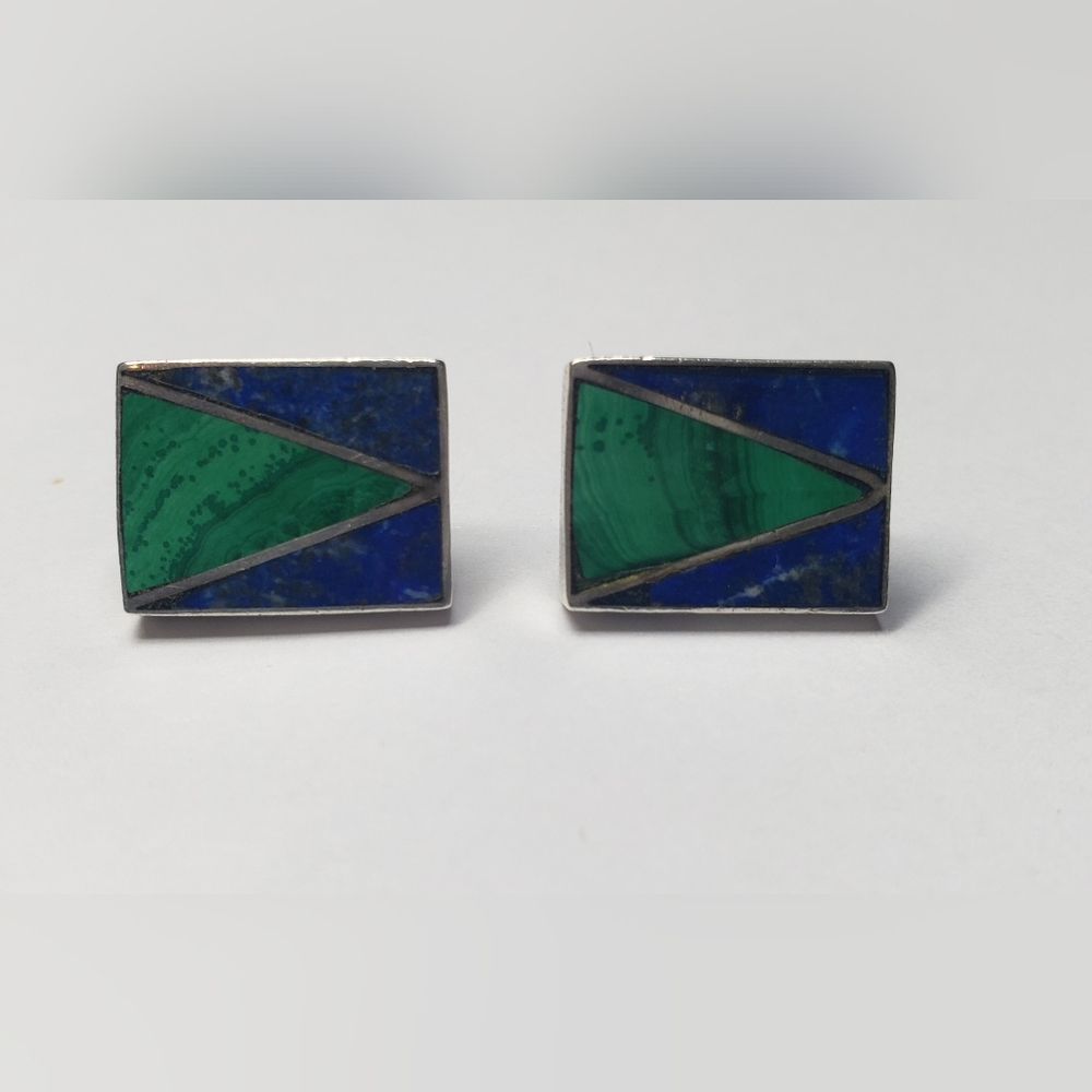 Rectangular Malachite /Lapis Inlay Vintage Sterli… - image 2